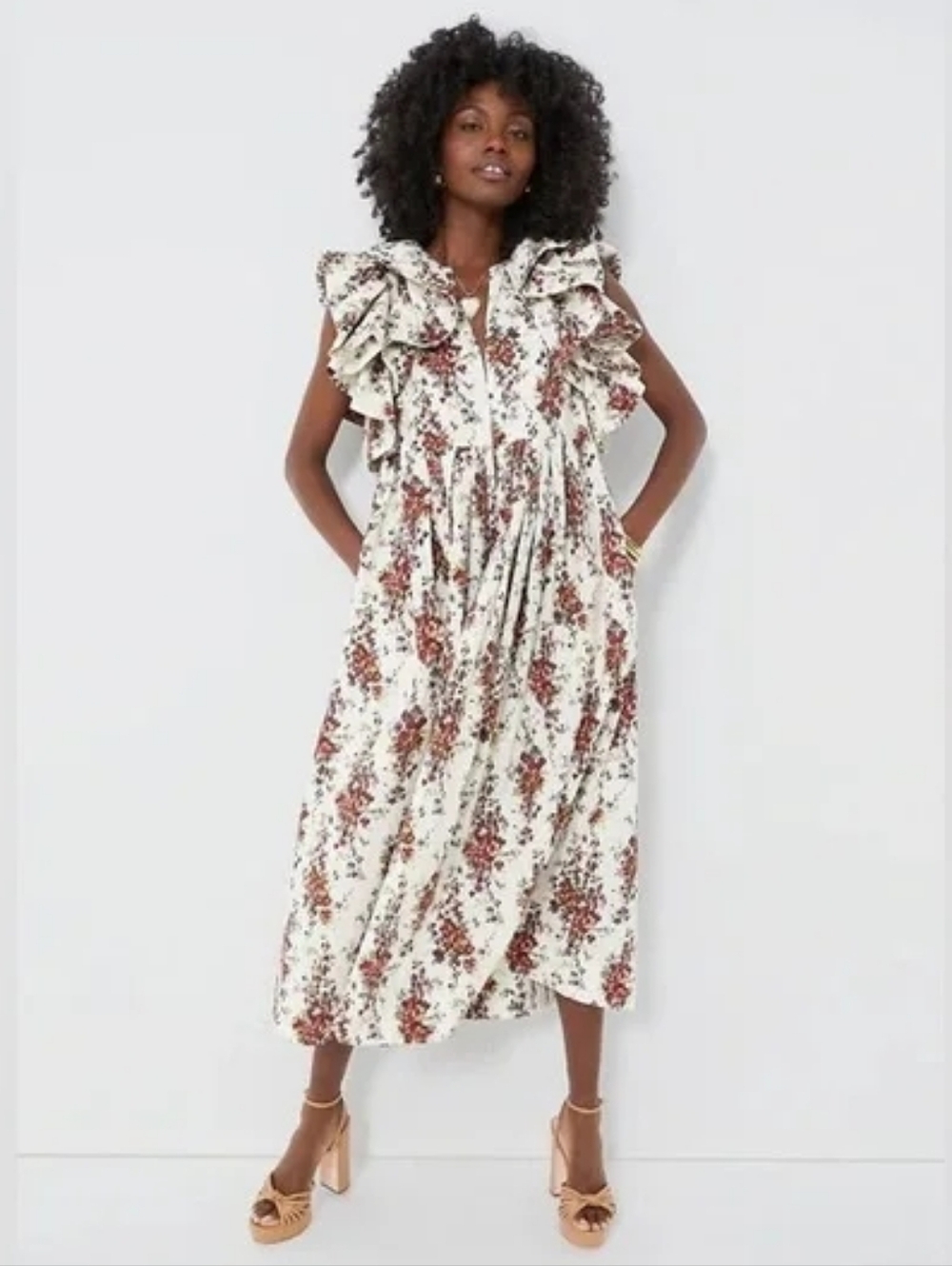 Tuckernuck Bouquet Mariana Maxi Dress Cerise Falling Flowers Ruffle Sleeves - M